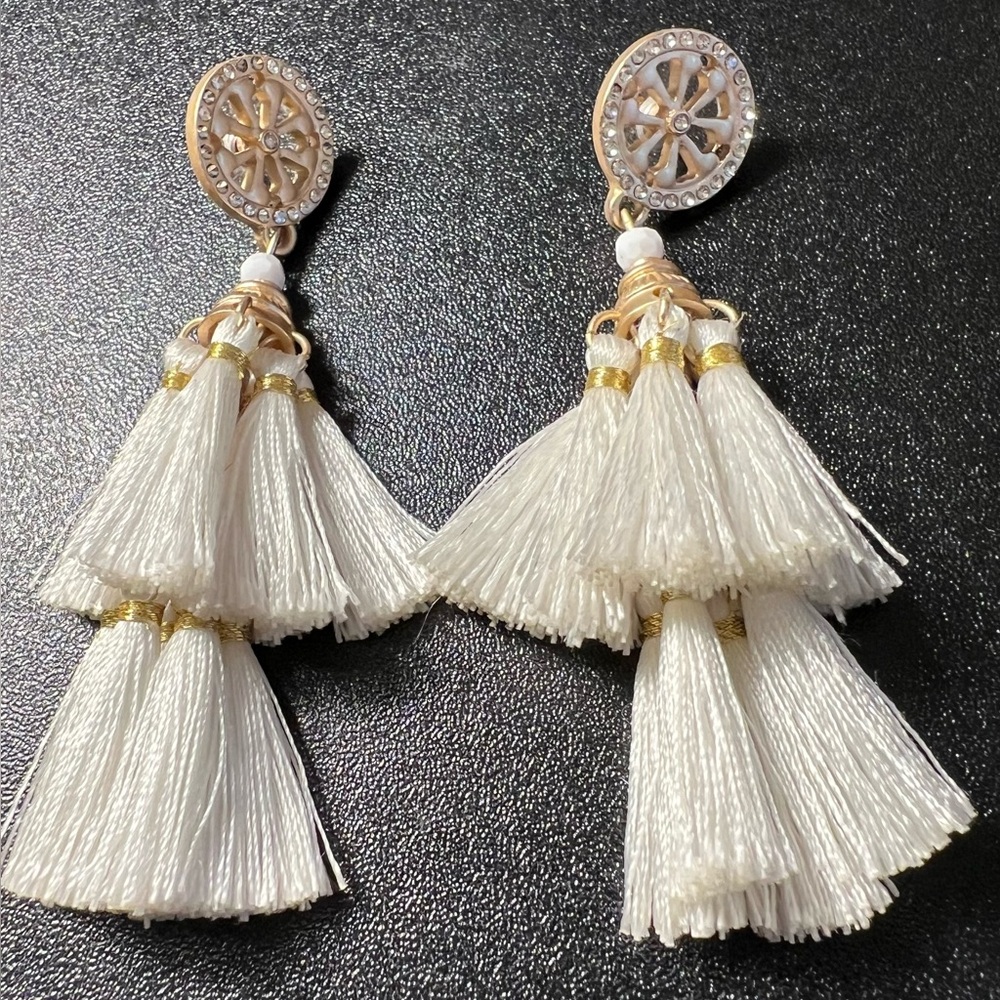 C+C California Rhinestone Goldtone White Tiered Silky Tassels